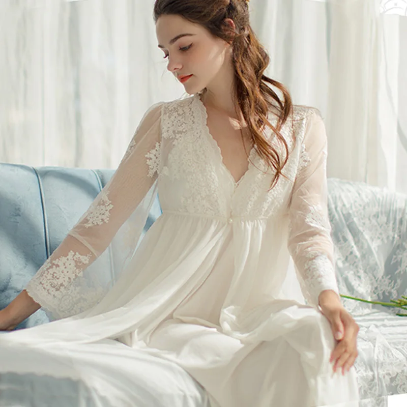 

New Fashion Nightgown Robe Set Ladies Sexy Lace Transparent Night Gown Two Piece Suit Long Robe Sleepwear Pyjamas