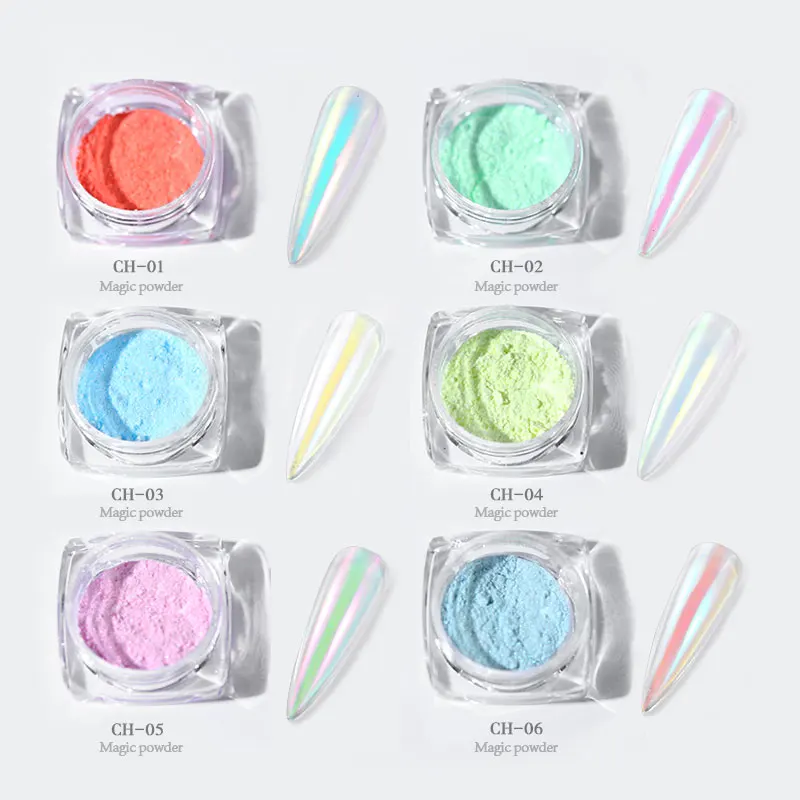 

1 Box Semi Transparent Aurora Mermaid Nail Powders Nude Chameleon Nail Art Pigments Neon Glitters Manicure Decorations, 6 colors as picture