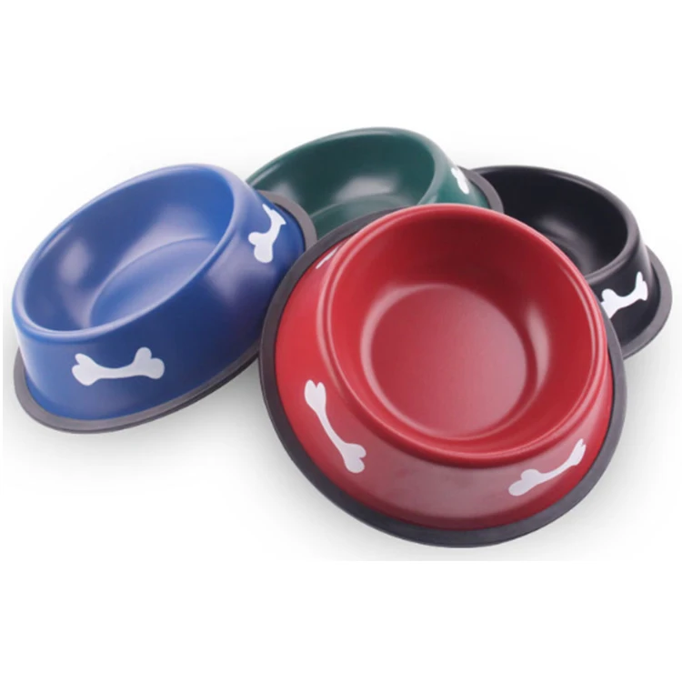 

Factory direct nonslip stainless steel pet bowl with rubber base bone pattern pet dish dog bowl cat feeding bowls, Pink blue