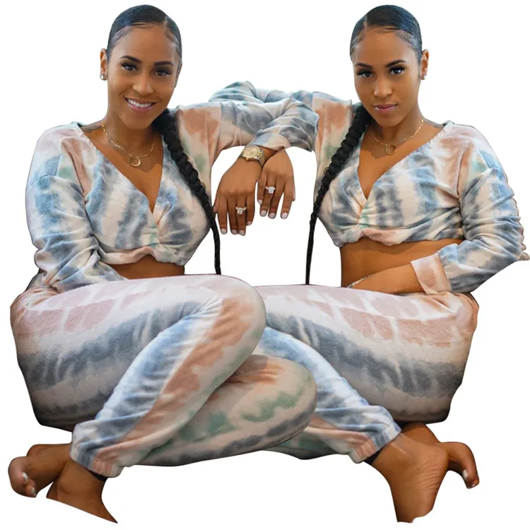 

Tie Dyeing Printed Casual Outfit Home Suit for Women Deep V Neck Full Sleeve Crop Top and Loose Trouser Spring Autumn Tracksuit, As picture