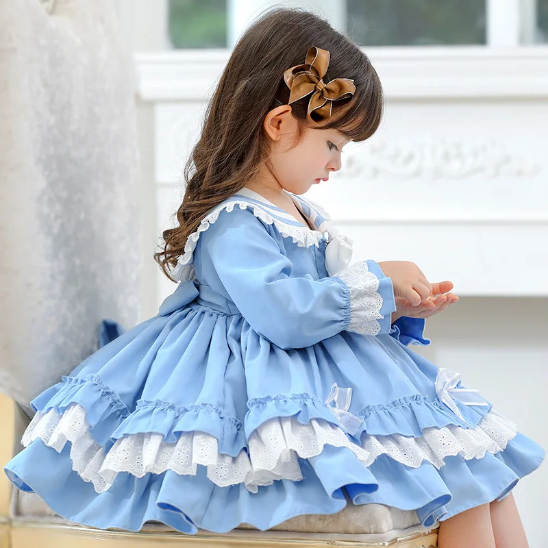 

Factory Girls Spanish Lotia Cotton Dress with Bow Pink Blue Children Spain Princess Long Sleeve Dresses Birthday baptism Clothes