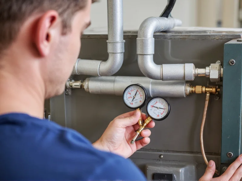 HVAC technician checking refrigerant pressure gauges