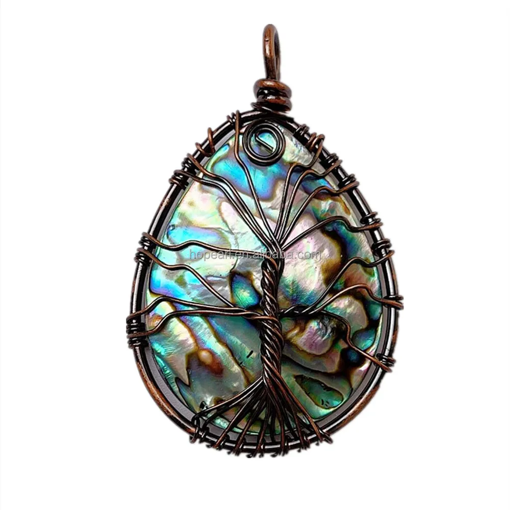 

MOP208 Beautiful Natural Abalone Shell Water Drop Shape Cabochon Life Tree Pendant