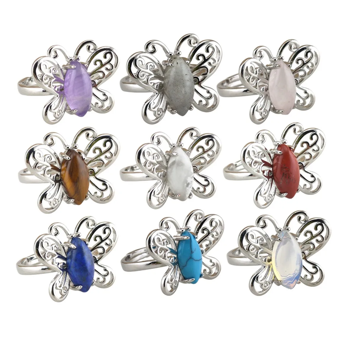 Vintage Silver Alloy Hollowed Out Butterfly Ring Natural Chakra Crystal Adjustable Ring Event Gift Party Small