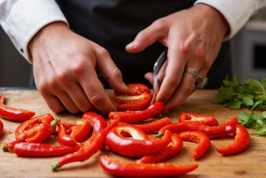 Chef preparing red Peter peppers for cooking, showing slicing technique and vibrant red interior