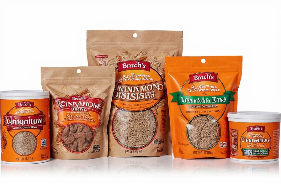 Brach's Cinnamon Discs displayed in various retail packaging options including small bags, medium bags, and large tubs