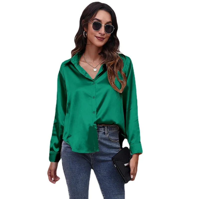 

New European and American shirt women satin imitation silk long-sleeved shirt