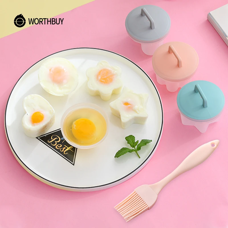 

4 Pcs/Set Cute Egg Boiler Plastic Poacher Set Kitchen Cooker Tools Egg Mold Form With Lid Brush Pancake Maker, Gray,pink,green