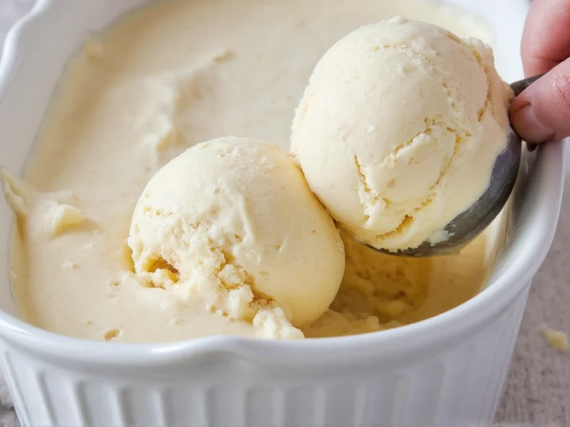 Scooping creamy homemade ice cream into vintage dish