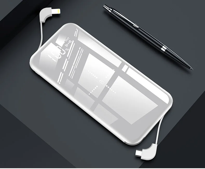 

New Design Portable Polymer Battery 10000Mah Charger mobile external battery Built-In Cable Wireless Mirror Power Banks