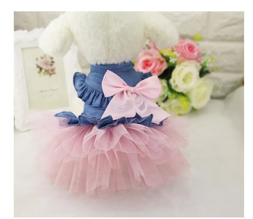 

Cowboy Bowknot Princess Dress Gorgeous Cute Dog Clothes Spring Summer Little, White/pink