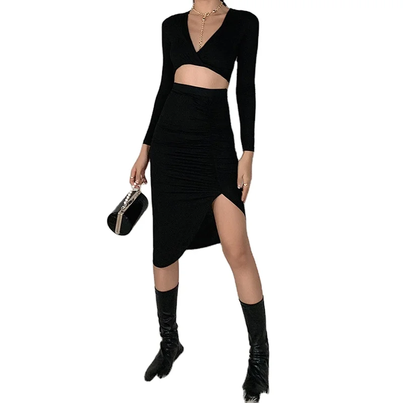 

Womens 2 Piece Outfit Two Piece Sets Deep V Neck Long Sleeve Short Top Irregular Slit Skirt Two Piece Set Women Clothing