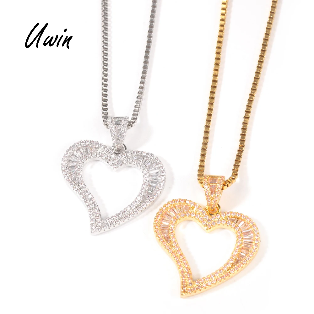 

Uwin Mini Hollow Heart Pendant Iced Out Bling Charm With Box Chain Statement Necklace Men Women Hip Hop Chains For Jewelry Gift