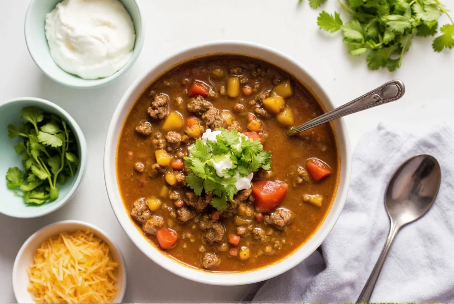 Serving green chili stew with ground beef in a bowl with garnishes including sour cream, cilantro, and cheese on the side