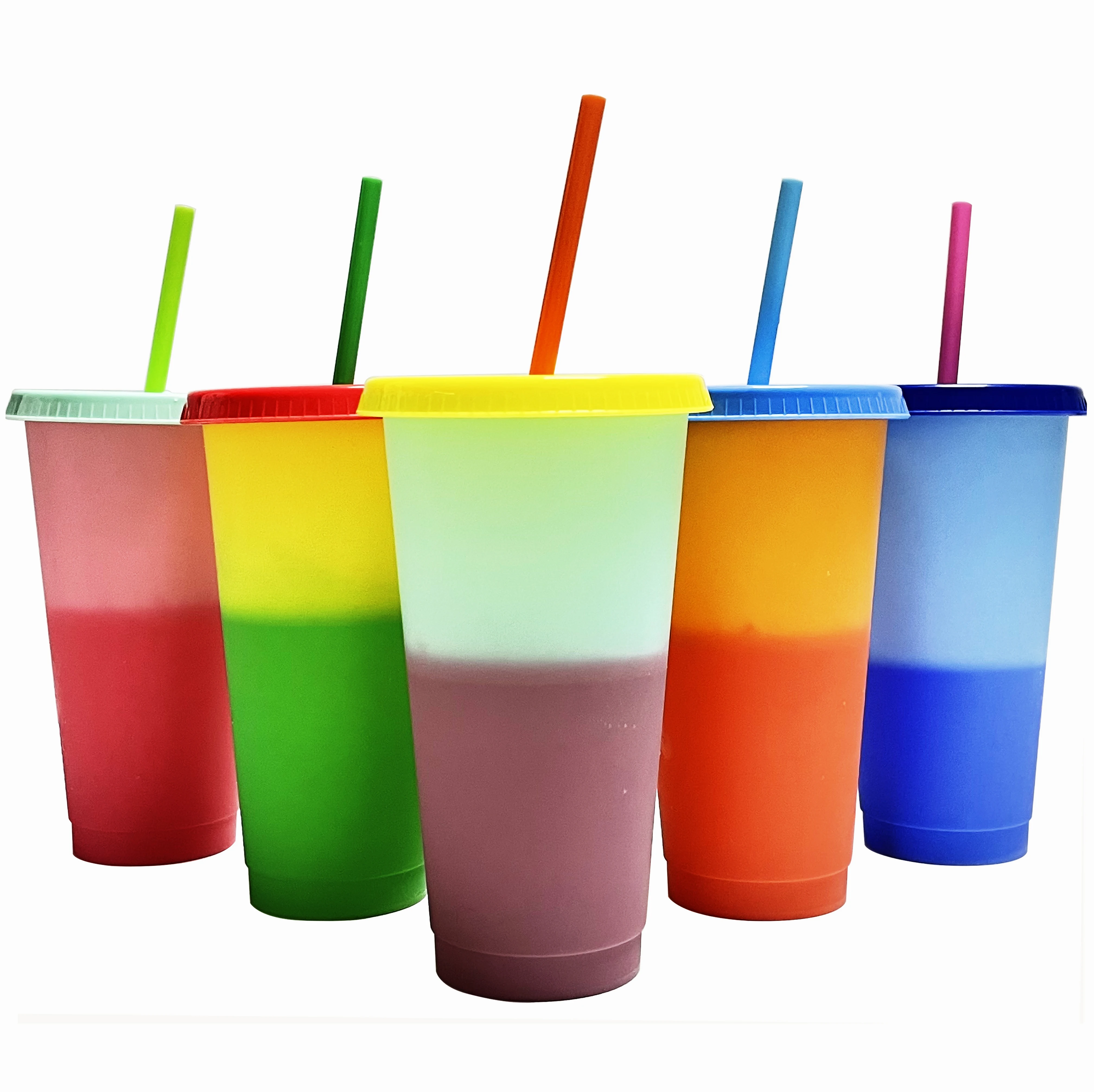 

24oz 700ml whosale resuable tumblers plastic cold color changing cups with lids and straws sets, Pastel/ translucent
