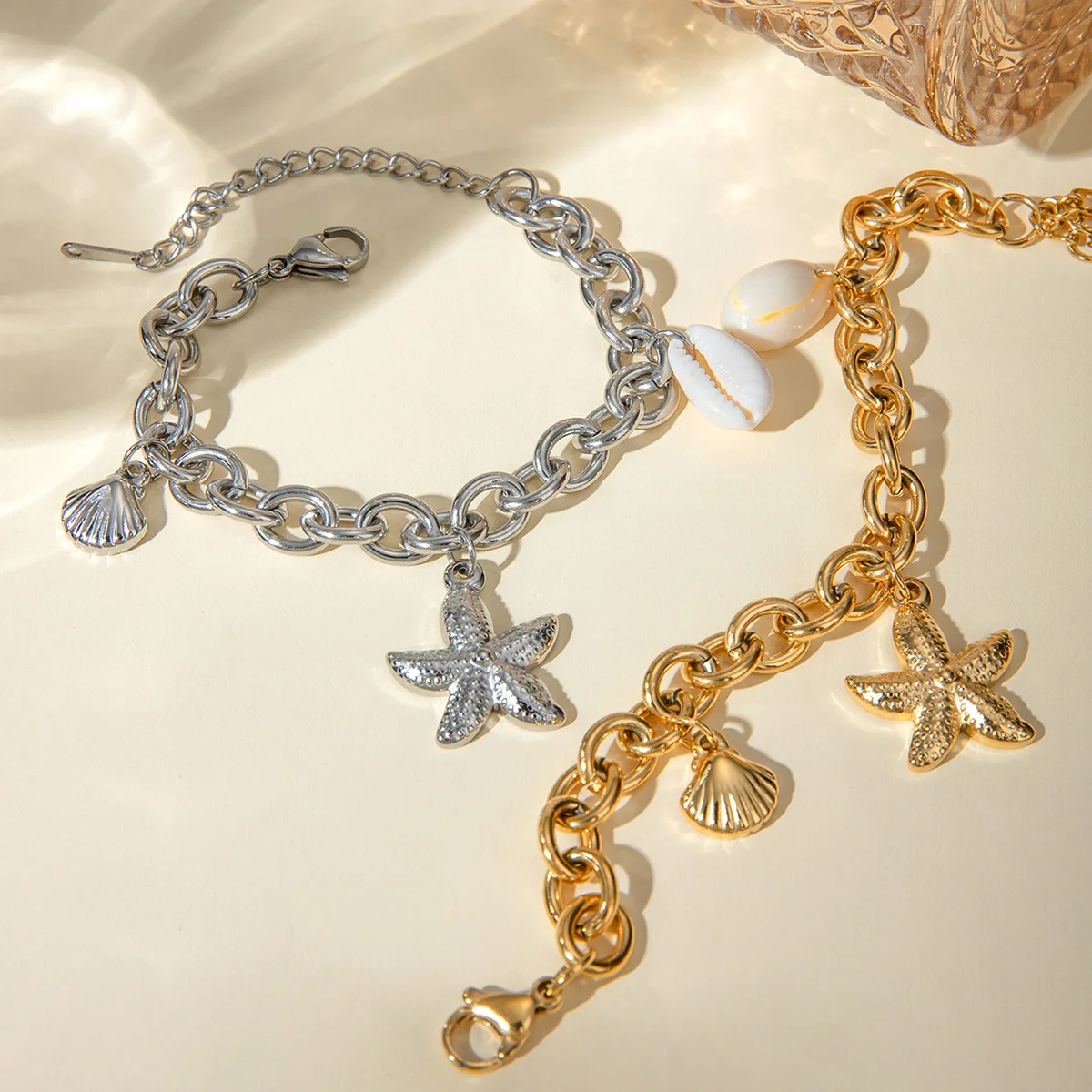 YF3812 Stainless Steel Waterproof Summer Ocean Jewelry Set 18k Gold Plated Shell Starfish Pendant Necklace Women Bracelet