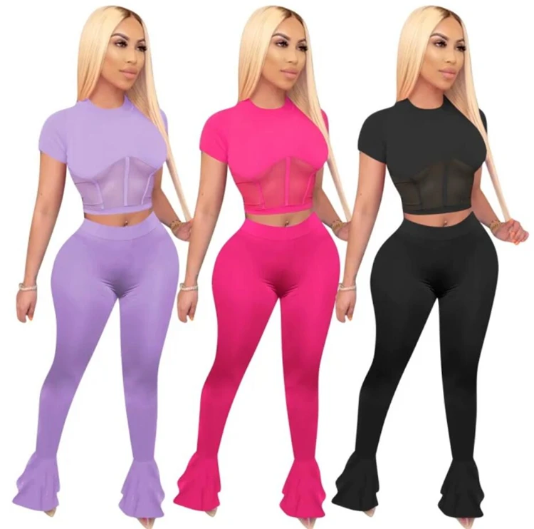 

Wholesale Sexy Outfits Women Two Pieces Sets Wide Leg Flare Pants Women Clothing Mesh Two Piece Set