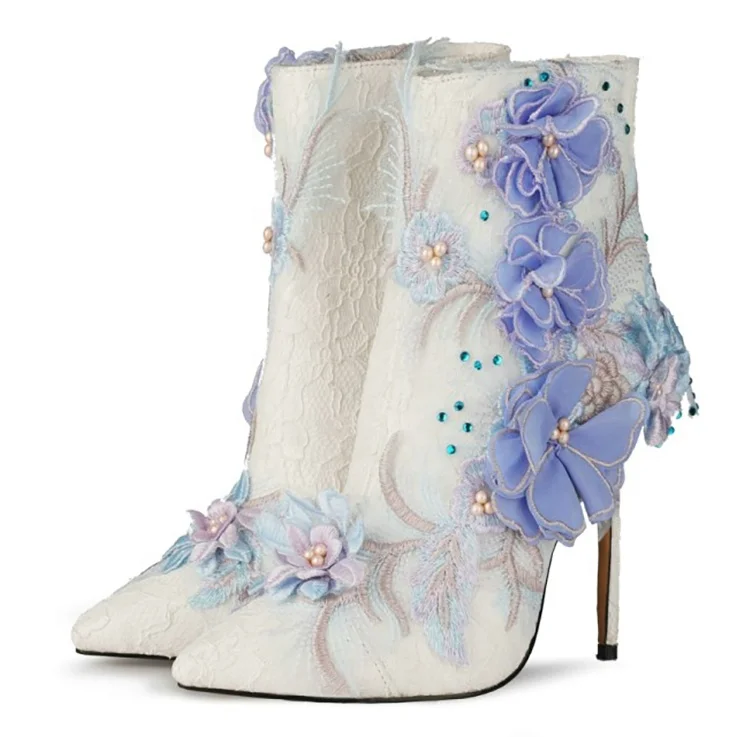 

2020 Latest Design Women Pointed Toe Short Boots Floral Lace Side Zipper Booties for Lady Plus Size47 Pearl Ornament Shoes Women