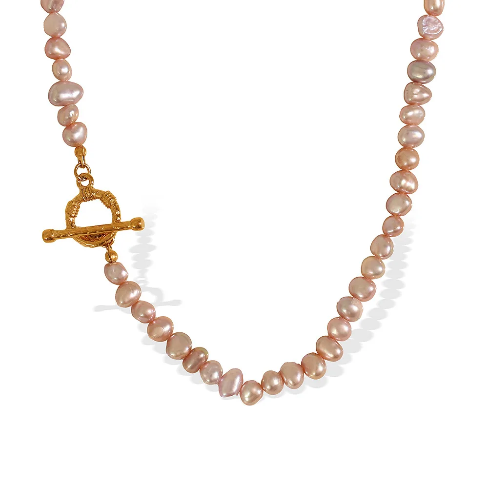 YF6072 Stainless Steel 18k Gold Plated OT Buckle Color Freshwater Pearl Short Necklace Waterproof