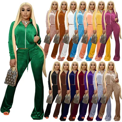 

Xs-xxl 14 colors women Long Sleeve Crop Top Jacket Jogger Velvet Sweatsuit Women Velour Tracksuits Velvet two piece pants set