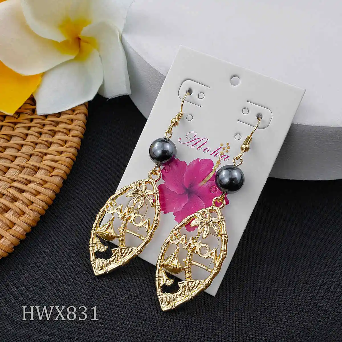 

Samoa tribal earring set polynesian pearl jewelry with black hawaiian jewelry wholesale tribal design set gold plated