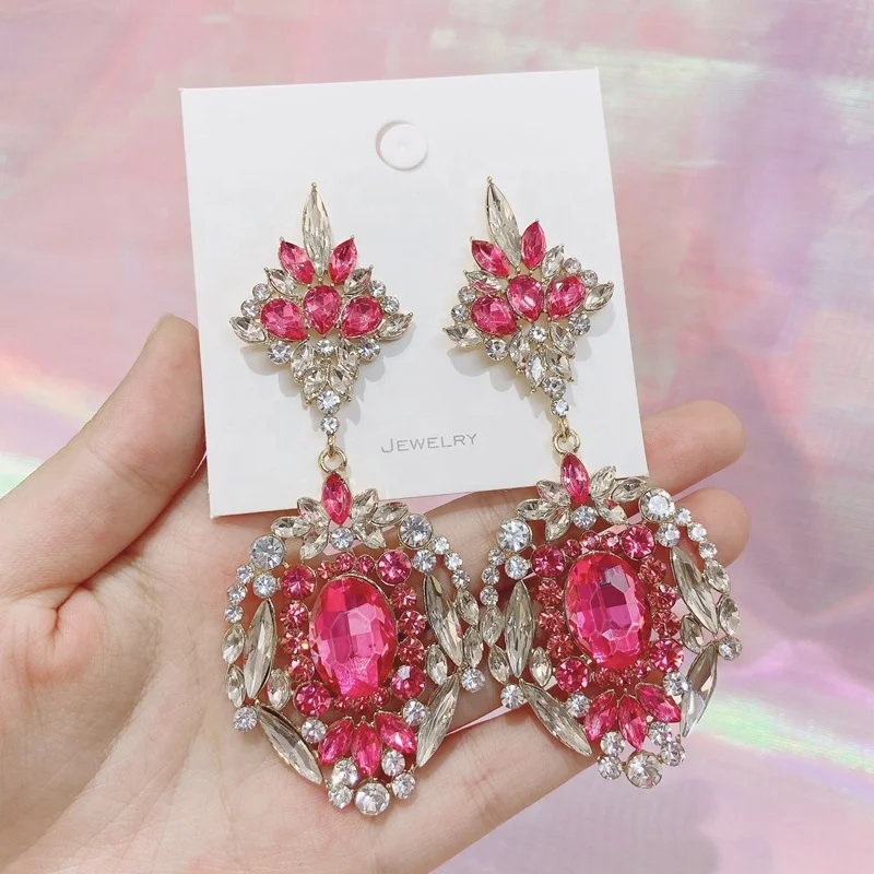 

Korean Vintage Luxury Exaggerated Rose Pink Crystal Dangle Earrings For Women Girls Fashion Party Jewelry Pendientes