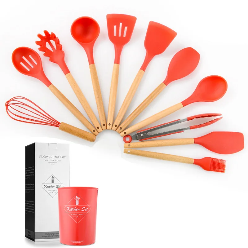 

New 11 pieces of wooden handle silicone kitchenware silicone kitchenware set for 2021, Pink, red, purple, black