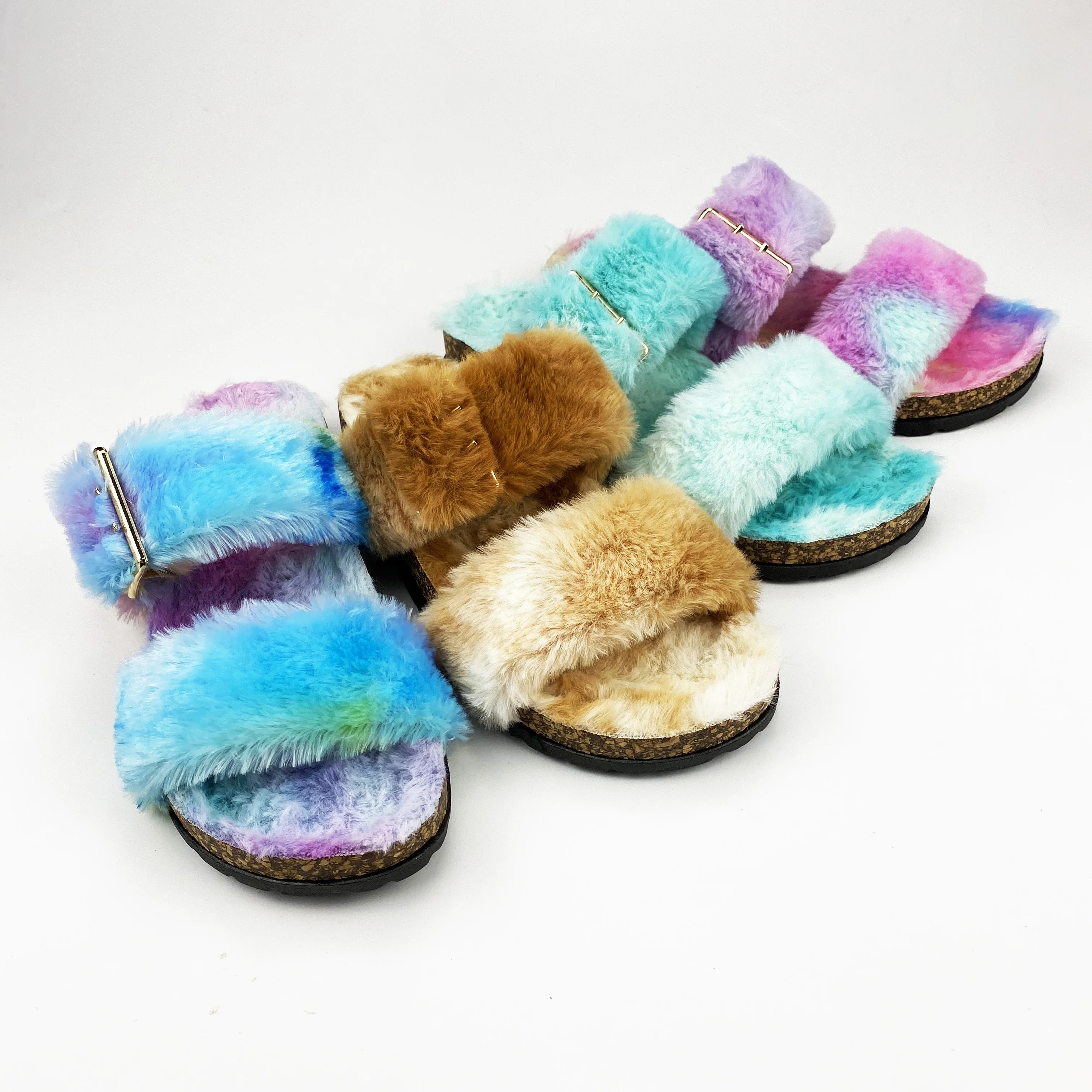 

Plush Fur Slipper for Women Tie Dye Colorful Fluffy Furry Slipper Sandals Ladies Slippers Custom Fuzzy Shoes Faux Fox Fur Sandal