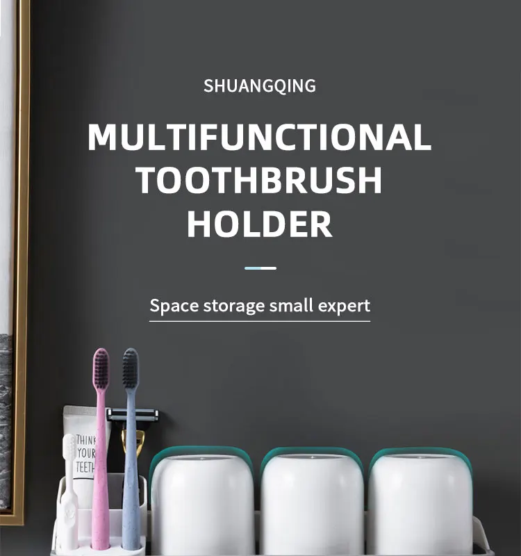 تصميم جديد للحمام مثبت على الحائط مجموعة بلاستيكية مكونة من ثلاثة حامل فرشاة أسنان مع كوب لعائلة