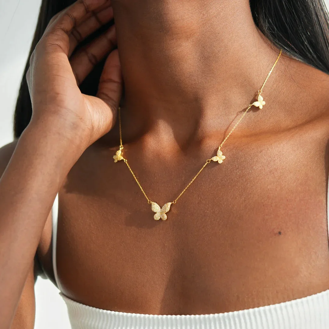 

Hot Selling 5 Butterfly Chain Zircon Necklace Big Small Full Inlay Zircon Butterfly Gold Plated S925 Sterling Silver Necklace