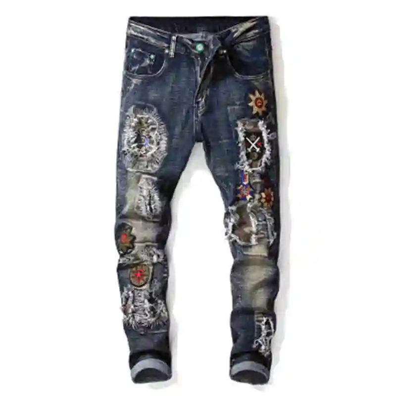 

Retro embroidered ripped jeans men's slim stretch leggings personalized motorcycle beggar trousers, Customized color