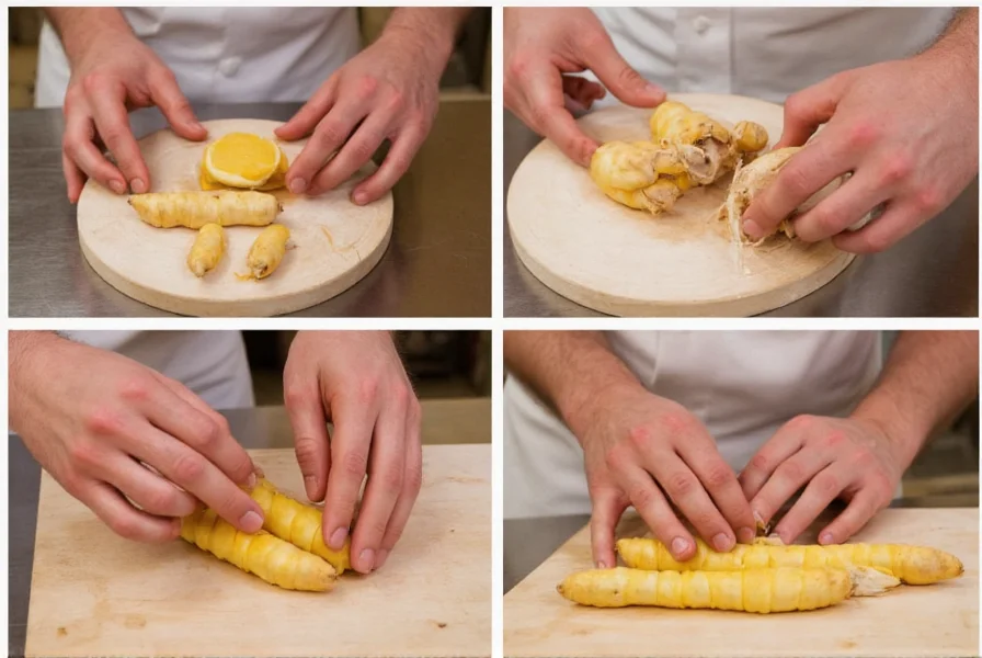 Chef preparing ginger from a bundle, showing different cutting techniques for various culinary applications