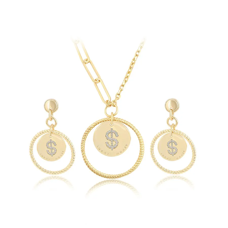 

S00147056 Xuping jewelry Elegant ring shape DOLLAR carving diamond set 14K gold earrings necklace two-piece set