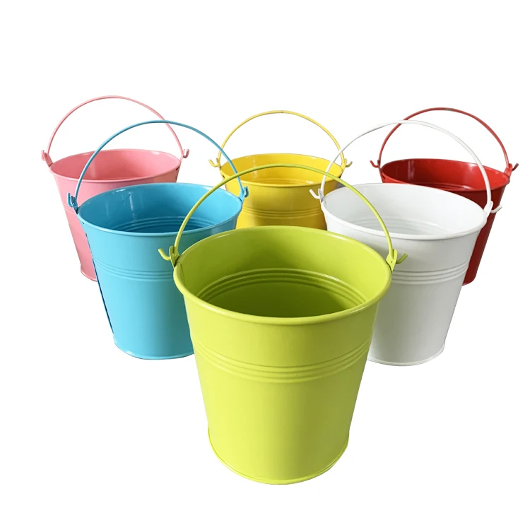 

Wholesale Easter Gift Bucket Small Colored Metal Bucket with Handle Colorful Zinc Metal Pail, 6 colors