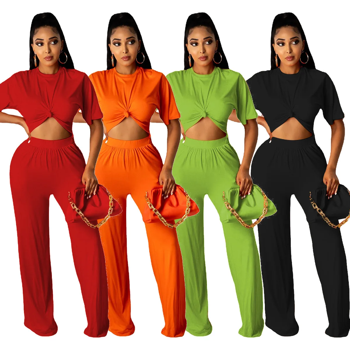 

Casual Women Short Sleeve T Shirt Pants Outfits Two Piece Set Women Pants Crop Top Ladies Fashion Spring Clothes, Orange,red,black,green