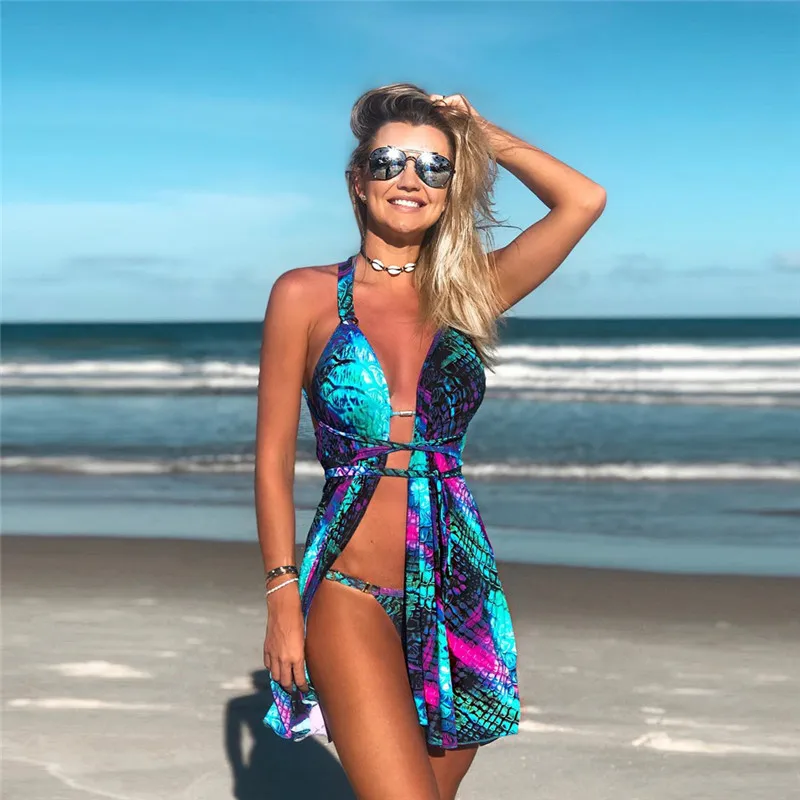 

2021 Amazon Hot Selling Three Pieces Women Mermaid Swimwear Plus Size Cover Up Swimsuit Sexy Printed Bikini, Multi-colored options