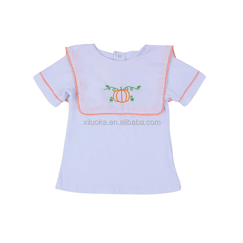 

Hot Selling Baby Girls Embroidered Pumpkin Designs White Clothing Summer Short Sleeve Tops Pant Suit, Picture