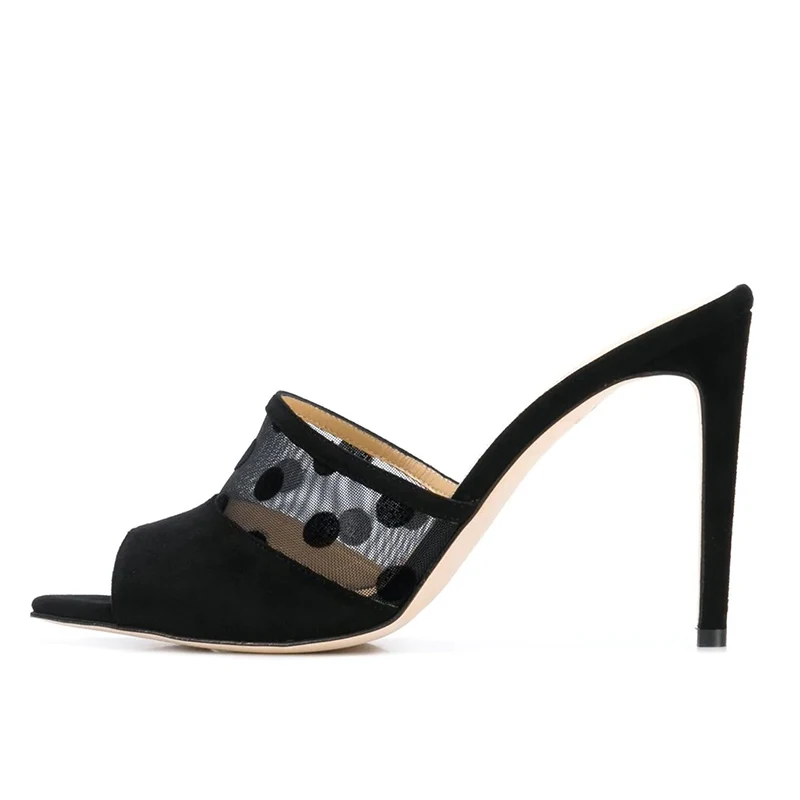 

2020 Women Mesh Red Velvet Party Heels Pointed toe Stiletto High Heel Mules, Black,red