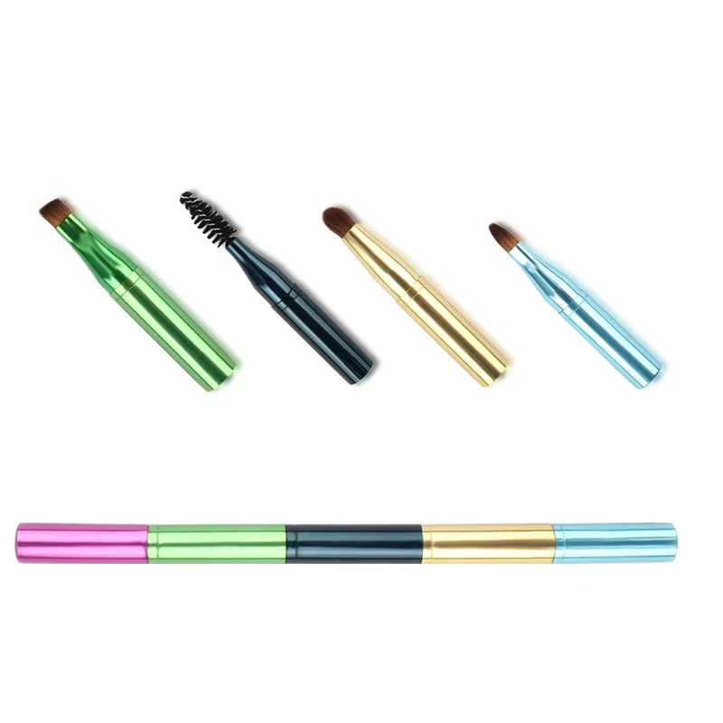 

2021 New Multi-functional Retractable Metal Handle Eyeshadow Lips Eyelash Eyebrow Brush Travel Size 4 In 1 Mini Makeup Brushes