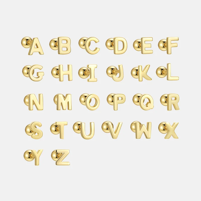 Simple 925 Sterling Silver Tiny Twenty-Six Letters Minimalist Vintage Fashion Fine Jewelry Gold Plated Screw Back Earrings Women