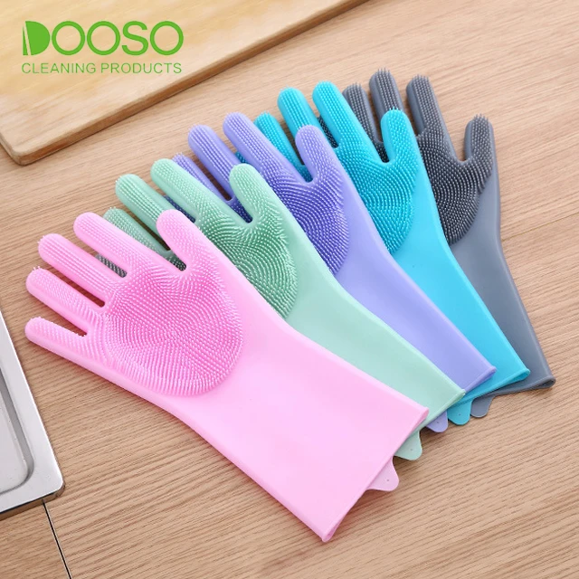 

Magic Silicone Dishwashing Gloves Wash Scrubber for Household Cleaning, Gray;blue, pink or customized colors