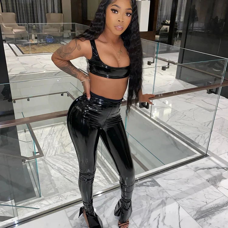 

Spring 2022 Sexy Crop Top Shiny Faux Pu Black Bra And Split Hem Leather Pants Women Club Outfits Two Piece Pants Set Clothing