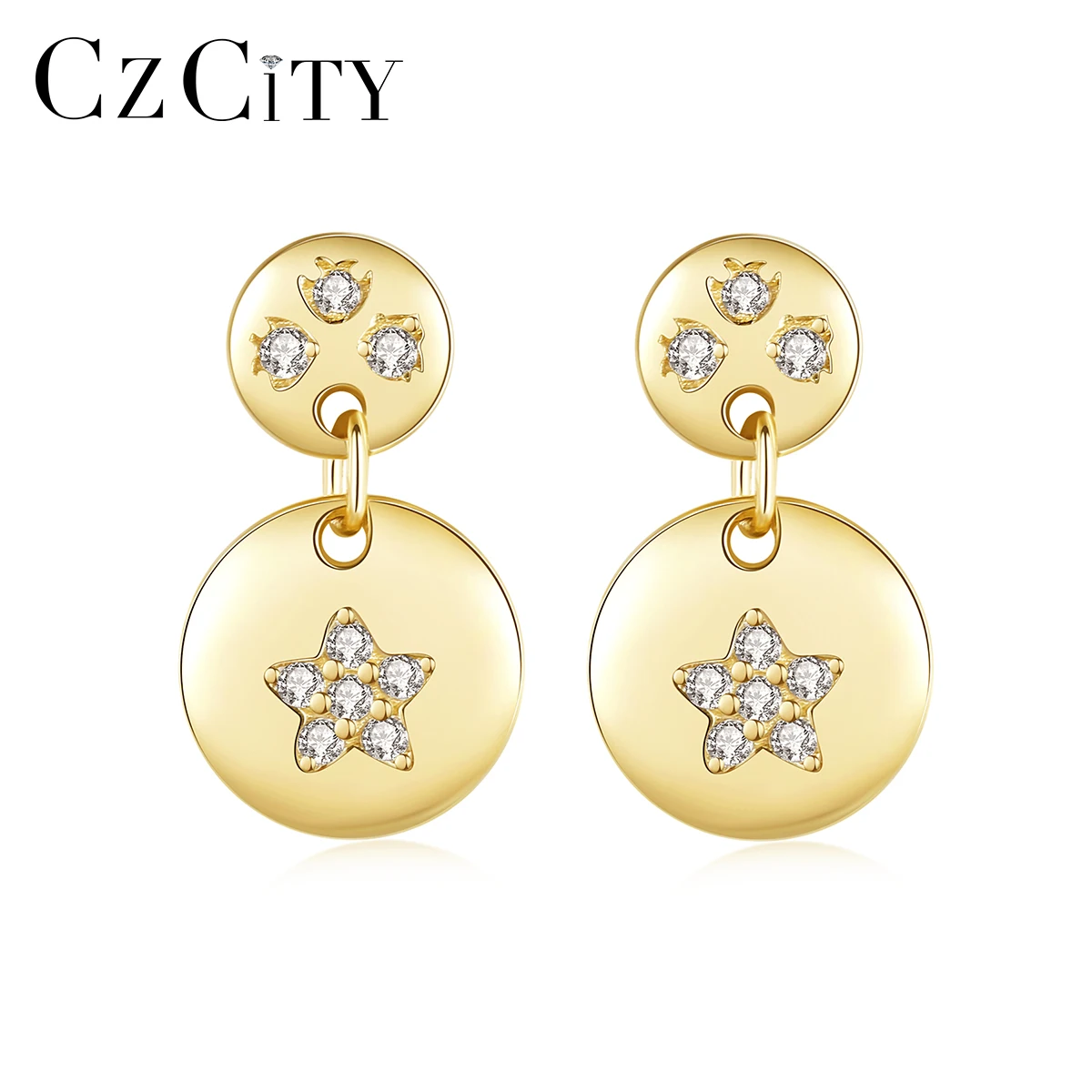 

CZCITY Artilady Women Two Round 925 Earrings Sterling Silver Geometric Cubic Zirconia Star Drop Earing