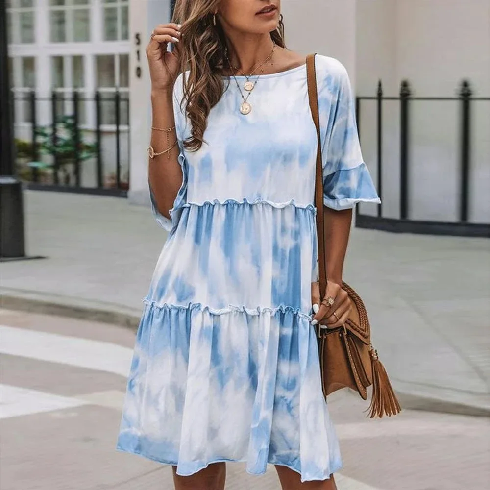 

Fashion Trend Layered Ruffle Dress Lady Elegant Tie T Shirt Blue Summer Dresses Women