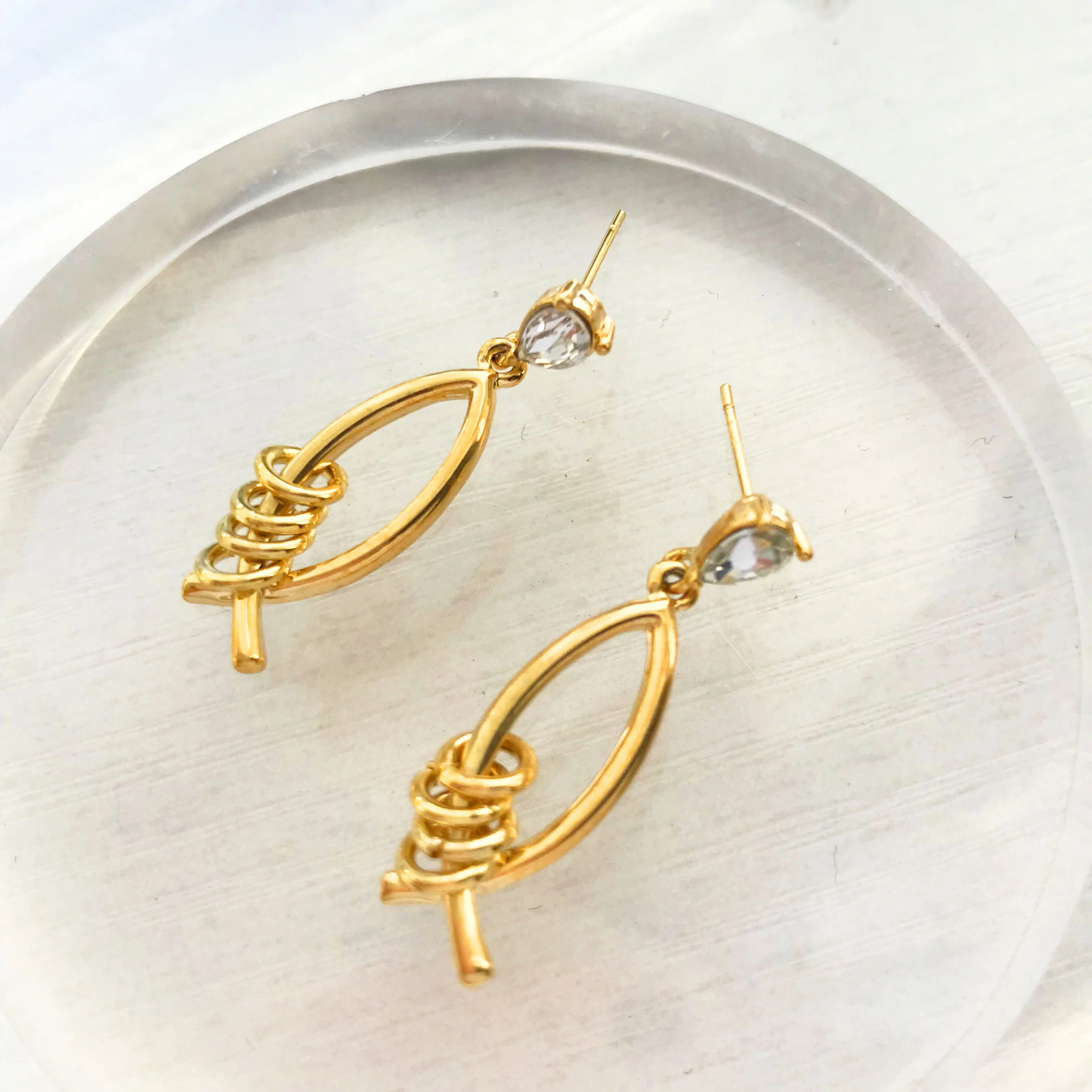 

Eico Geometric Rhinestone Four Circle Fish Shaped Hoop Drop Earring For Women