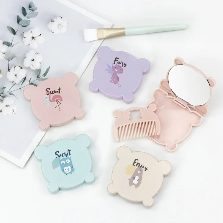 

Portable plastic cute cartoon pocket make up mirror with comb, 4 colors