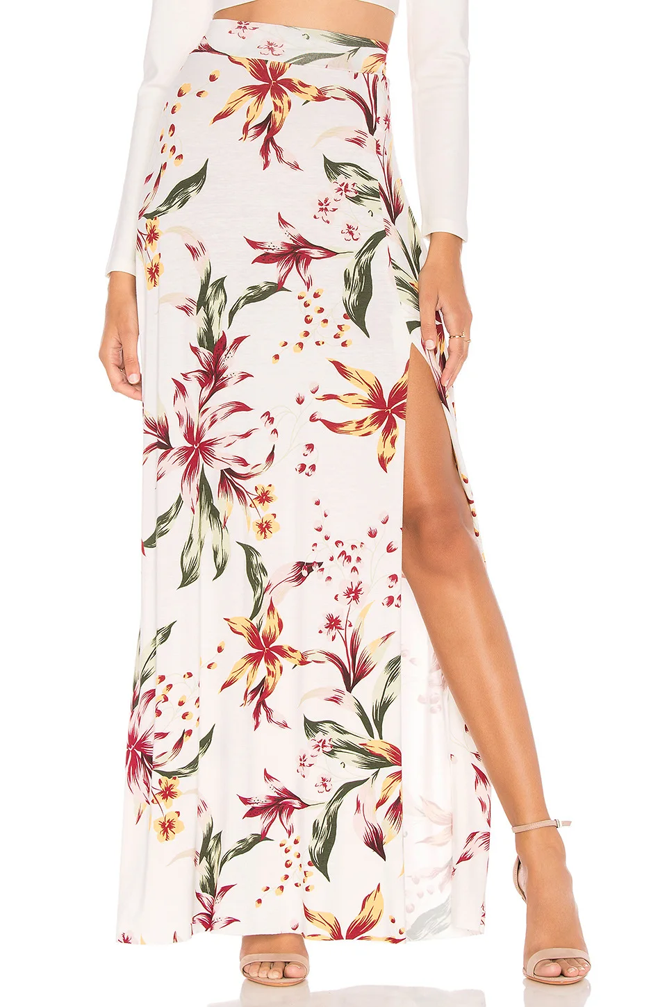 new fashion women floral print maxi skirts summer white high