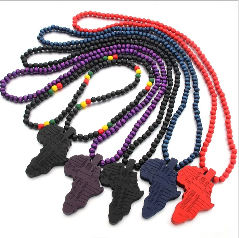 

African Map necklace Hot Sale Wood Bead Jewelry Hiphop Necklaces for women men lady