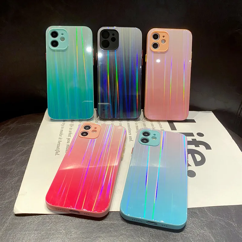 

Gradient Tempered Glass Phone Case For iPhone Case Laser Fundas For iPhone 12 11 Pro XS Max XR Tempered Glass Sublimation Case