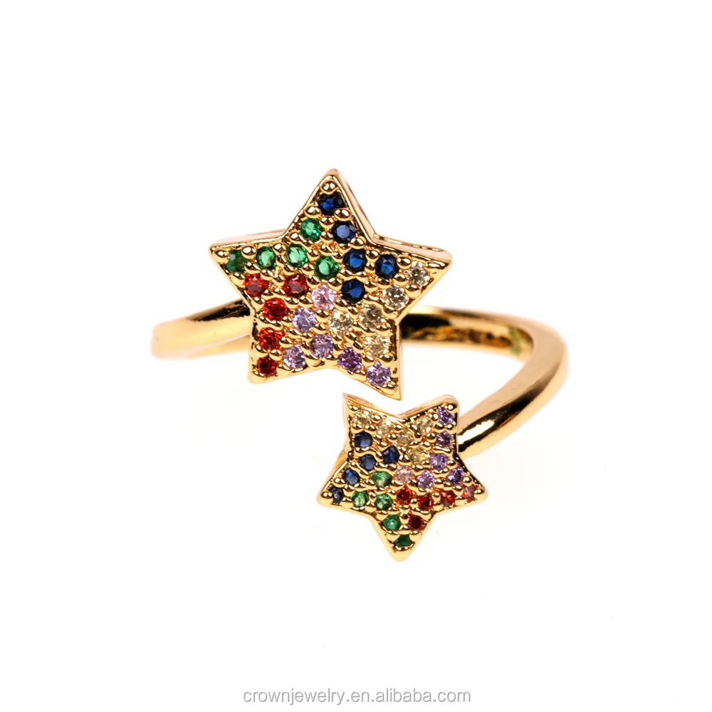 时尚闪亮七彩彩虹钻石立方锆石密镶水晶开放可调双星标志戒指